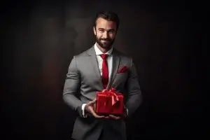 Homem Sofisticado segurando um presente